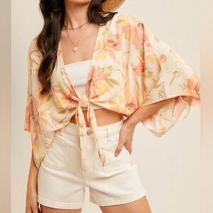 103 Hem & Thread Floral Tie-Front Kimono Jacket - Pink and Cream